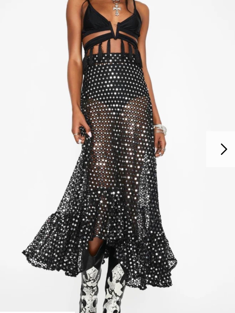 NWT Black Open Knit Mirror Sequin Midi Ruffle Skirt FESTIVAL SEASON 🪩 - Picture 2 of 9